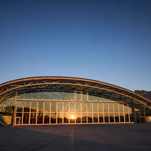 Outside view of Hangar-7 during sunset 