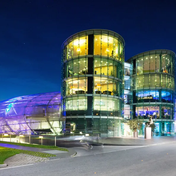 Colorful outside shot of Hangar-7 