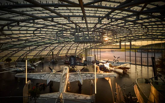 Sunset at Red Bull Hangar-7 Architecture, exhibits, Aircraft, racing cars, plants