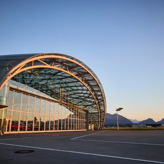 Outside view of Hangar-7 during sunset 