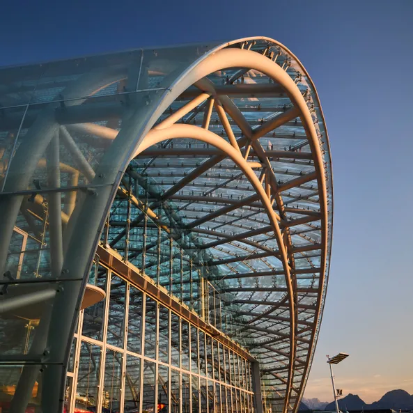 Outside view of Hangar-7 during sunset 
