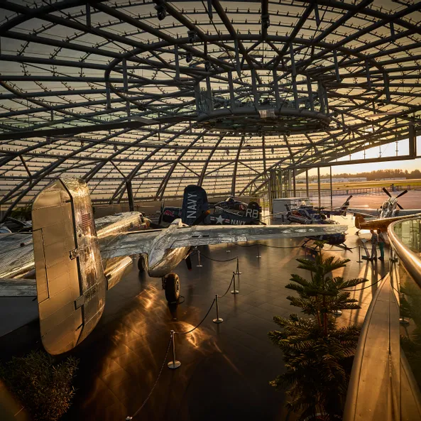 Sunset at Red Bull Hangar-7 Architecture, exhibits, Aircraft, racing cars, plants