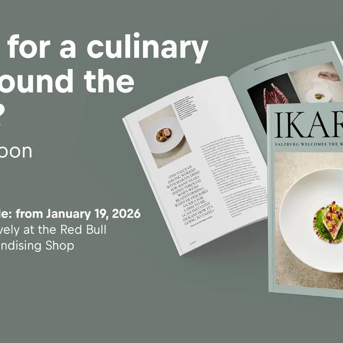 Graphic with text: Ikarus Bookazine, Ready for a culinary trip around the world? Coming soon 30.1.2026; Exclusive pre-sale: from January 19, 2026; Available exclusively at the Red Bull Hangar-7 Merchandising Shop