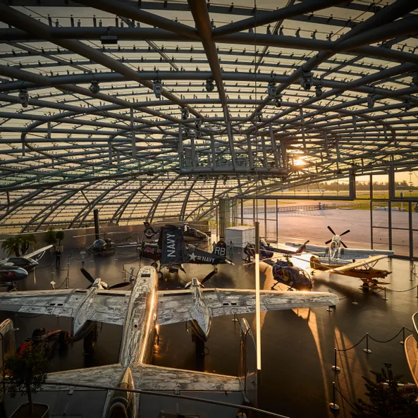 Sunset at Red Bull Hangar-7 Architecture, exhibits, Aircraft, racing cars, plants