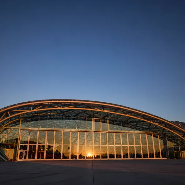 Outside view of Hangar-7 during sunset 